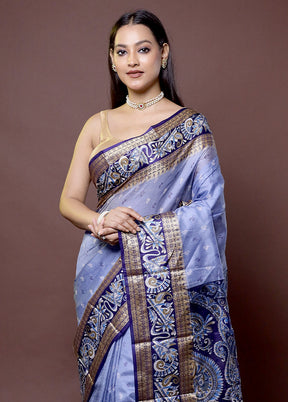 Blue Printed Pure Silk Saree Without Blouse Piece