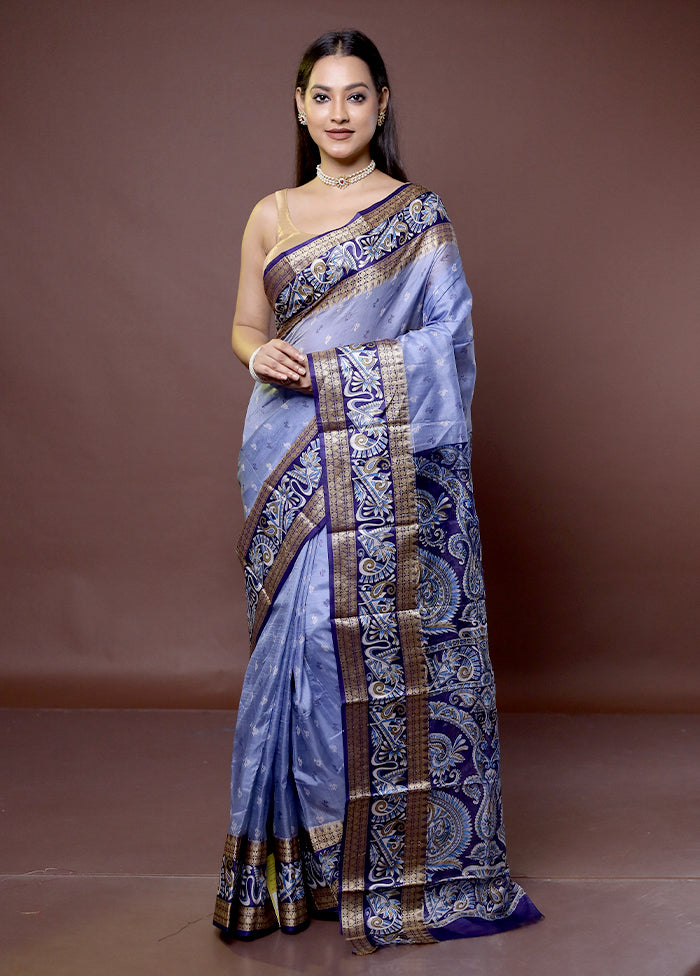 Blue Printed Pure Silk Saree Without Blouse Piece