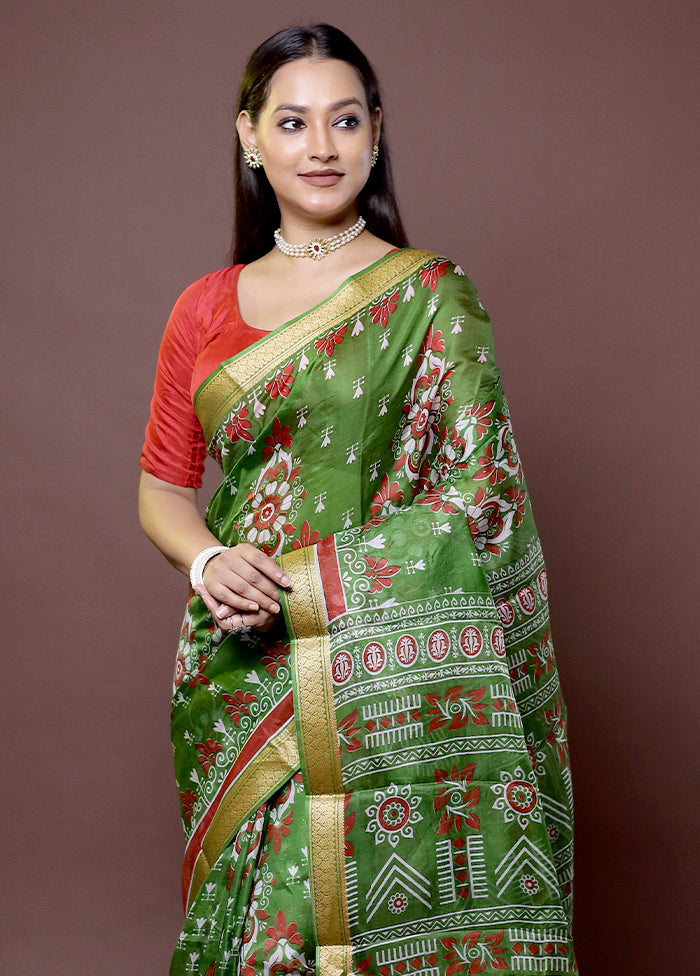 Green Printed Pure Silk Saree Without Blouse Piece