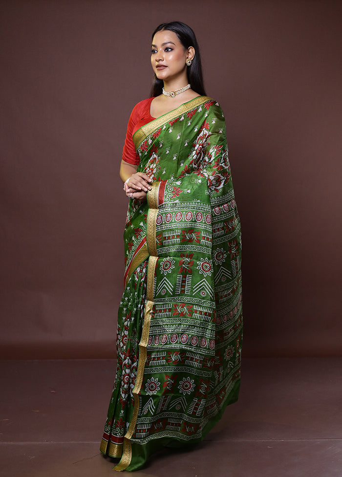 Green Printed Pure Silk Saree Without Blouse Piece