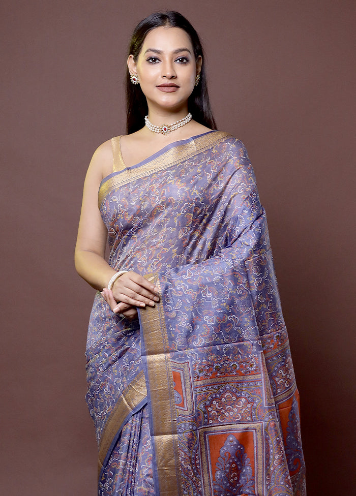 Grey Printed Pure Silk Saree Without Blouse Piece