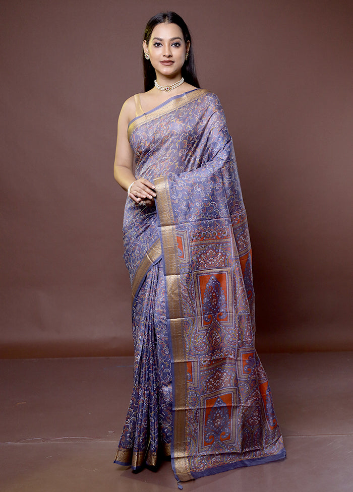 Grey Printed Pure Silk Saree Without Blouse Piece