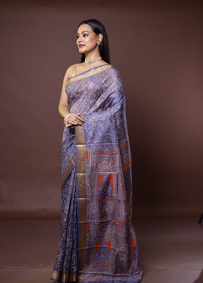 Grey Printed Pure Silk Saree Without Blouse Piece