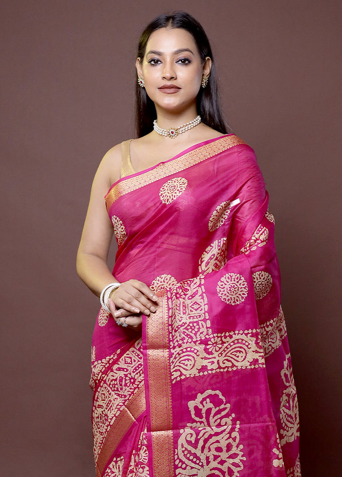 Pink Printed Pure Silk Saree Without Blouse Piece