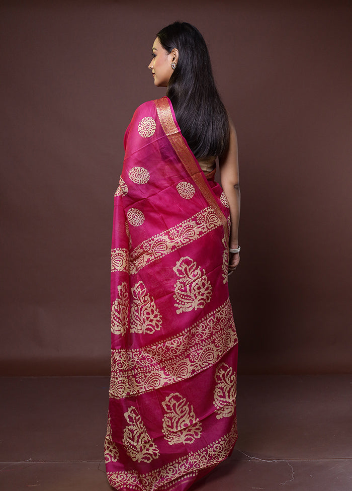 Pink Printed Pure Silk Saree Without Blouse Piece