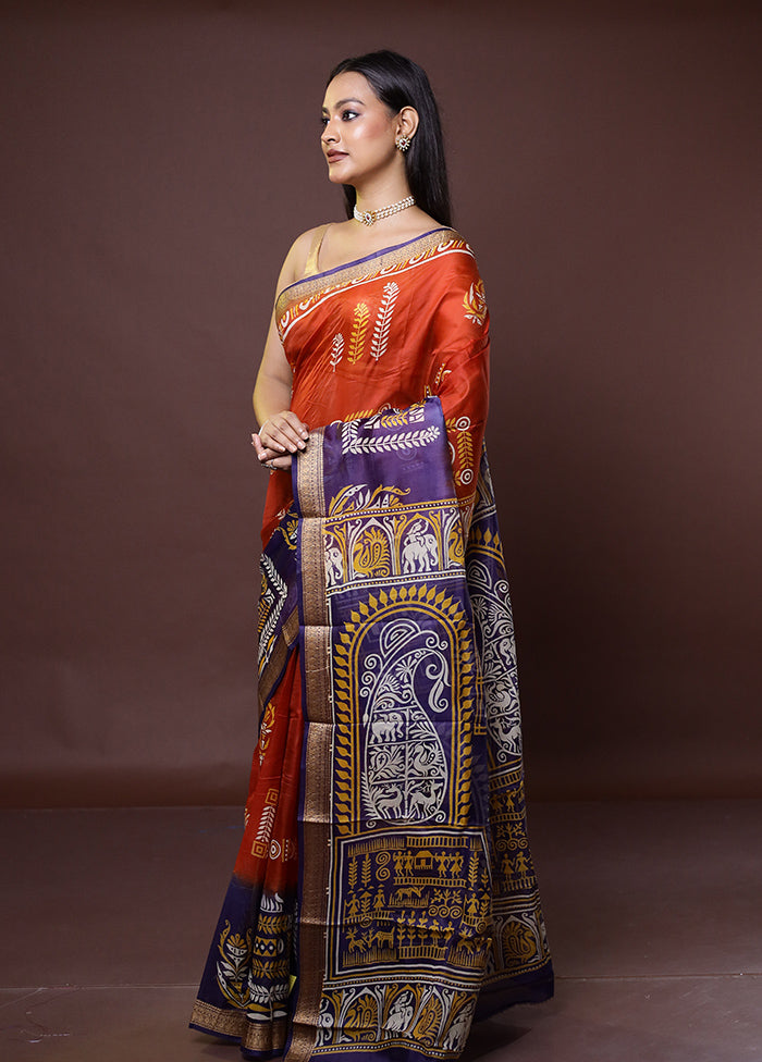 Red Printed Pure Silk Saree Without Blouse Piece