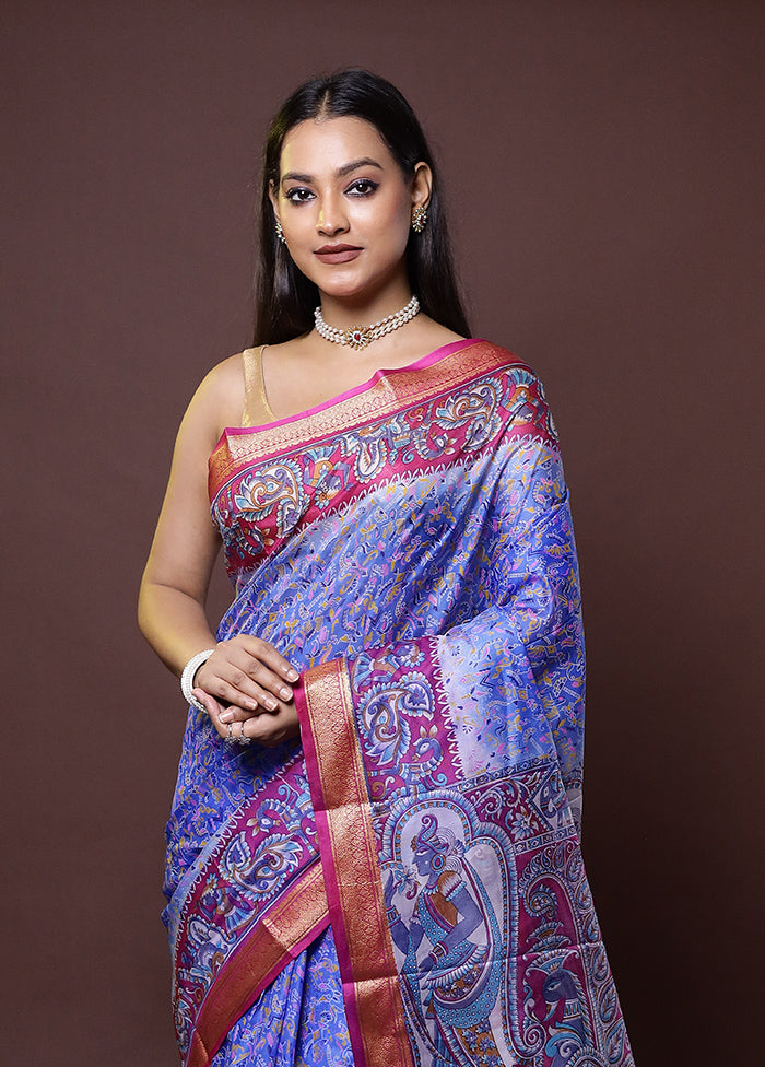 Blue Printed Pure Silk Saree Without Blouse Piece