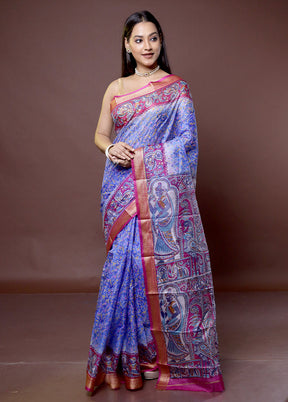 Blue Printed Pure Silk Saree Without Blouse Piece