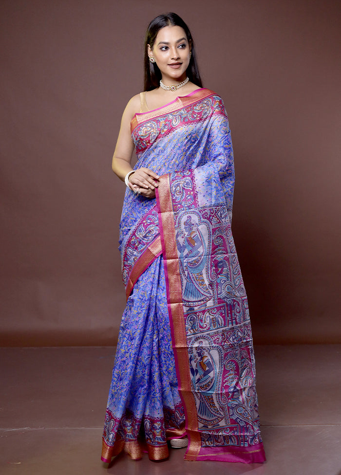 Blue Printed Pure Silk Saree Without Blouse Piece