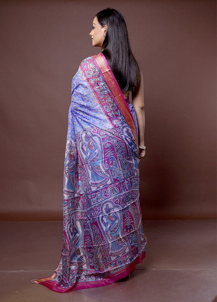 Blue Printed Pure Silk Saree Without Blouse Piece