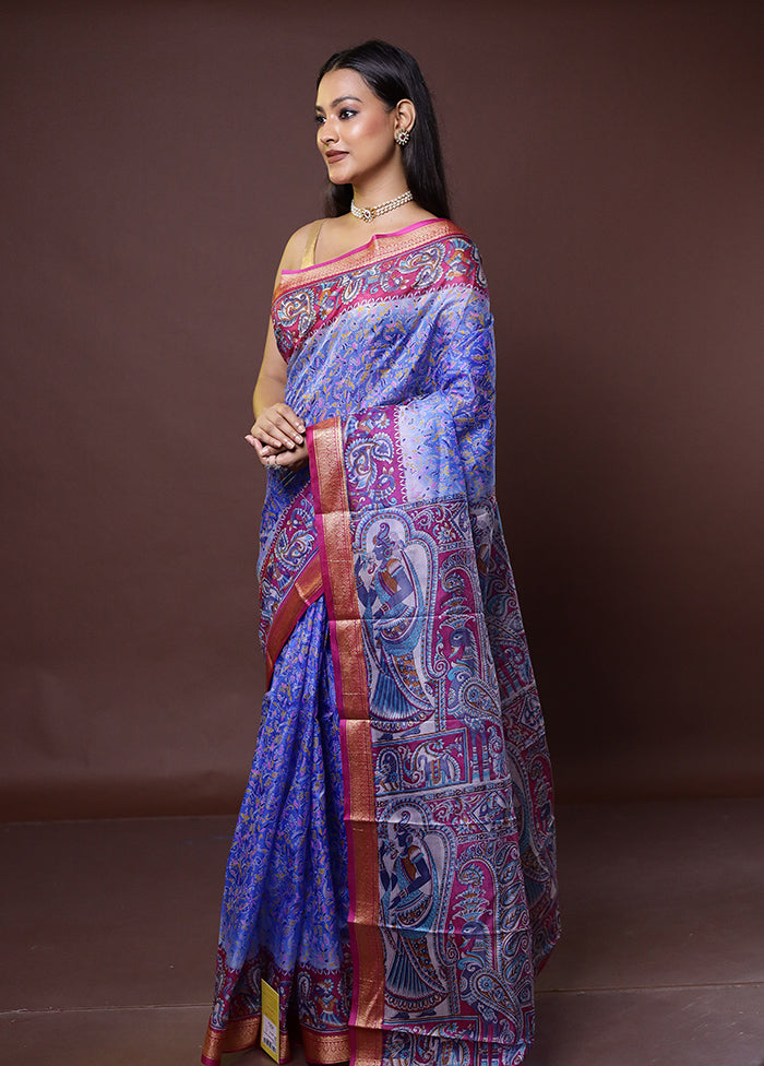 Blue Printed Pure Silk Saree Without Blouse Piece