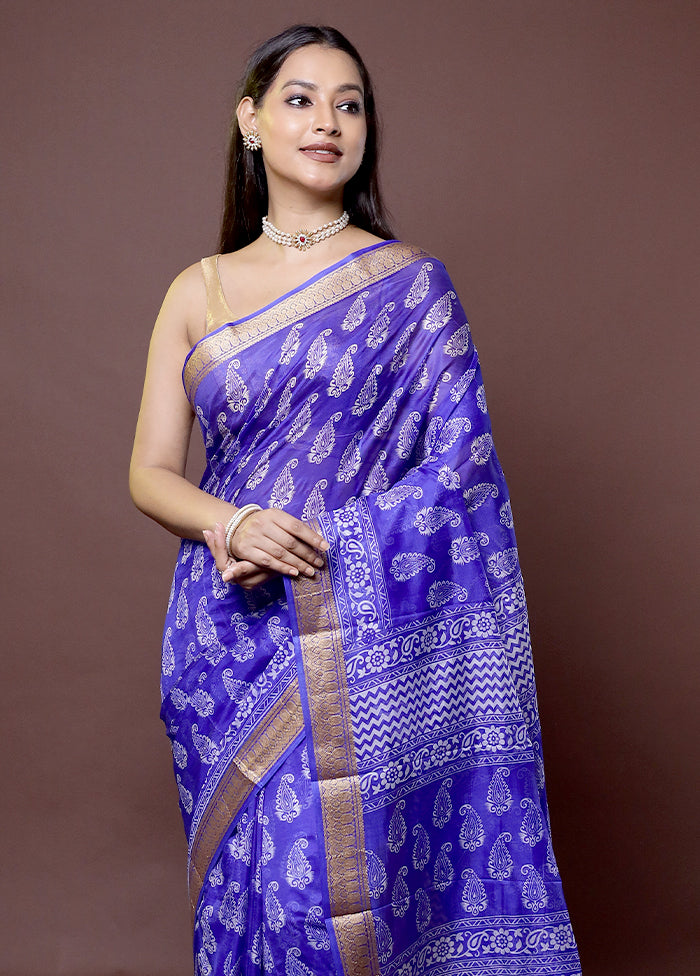 Blue Printed Pure Silk Saree Without Blouse Piece