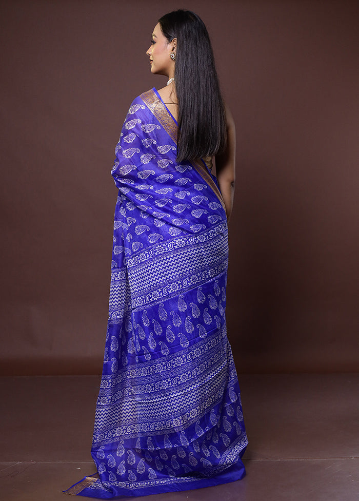 Blue Printed Pure Silk Saree Without Blouse Piece