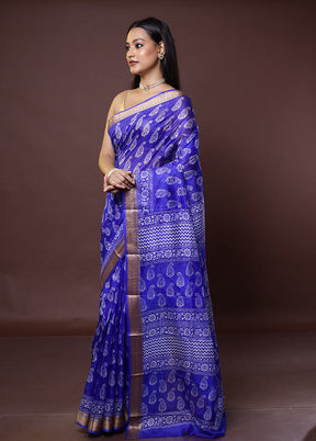 Blue Printed Pure Silk Saree Without Blouse Piece