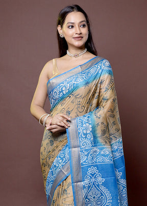 Cream Printed Pure Silk Saree Without Blouse Piece