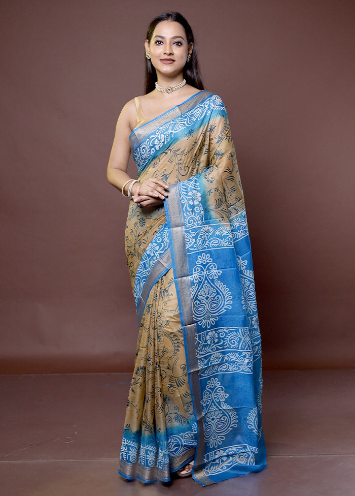 Cream Printed Pure Silk Saree Without Blouse Piece