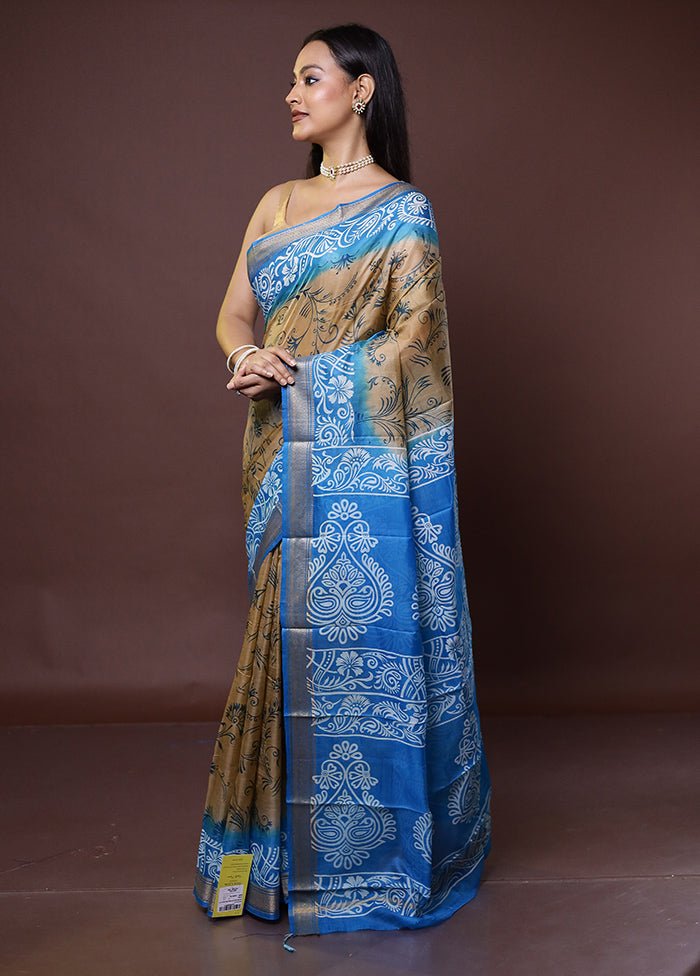 Cream Printed Pure Silk Saree Without Blouse Piece