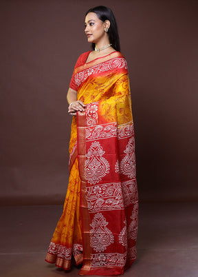 Yellow Printed Pure Silk Saree Without Blouse Piece