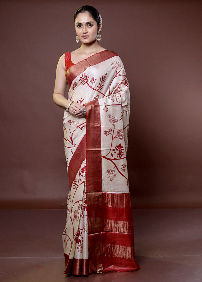 Cream Handloom Tussar Pure Silk Saree With Blouse Piece