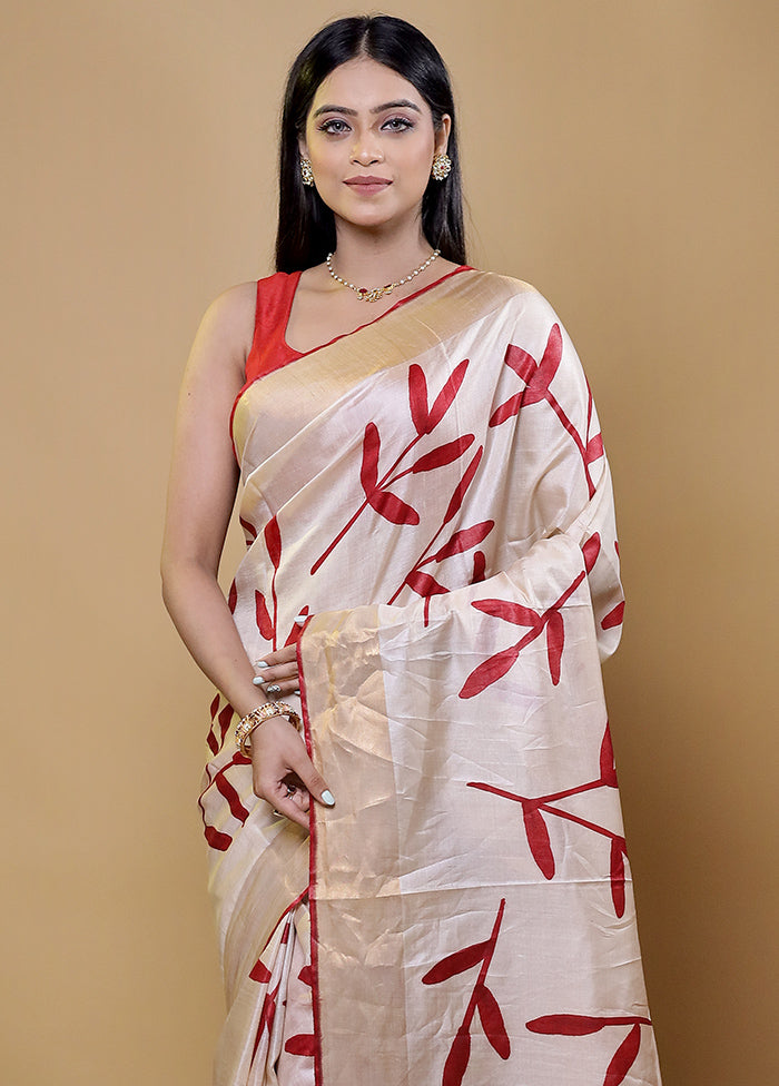 Cream Handloom Tussar Pure Silk Saree With Blouse Piece