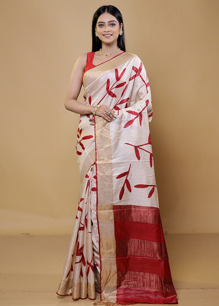 Cream Handloom Tussar Pure Silk Saree With Blouse Piece