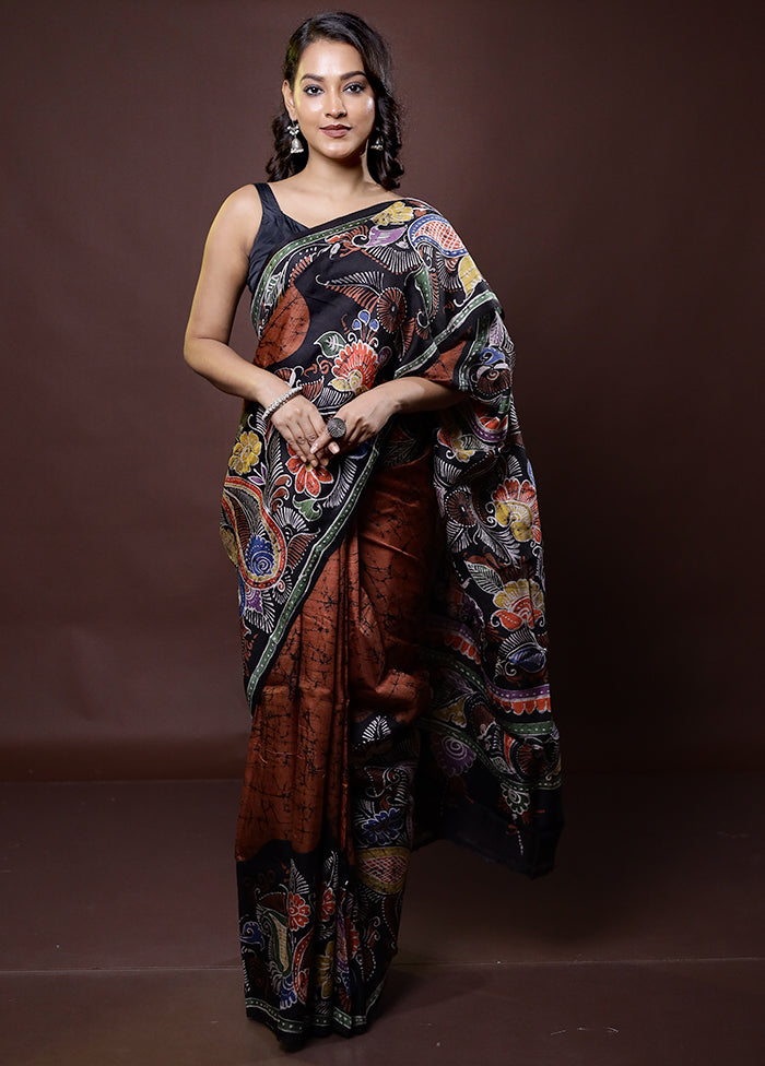 Brown Printed Pure Silk Saree Without Blouse Piece