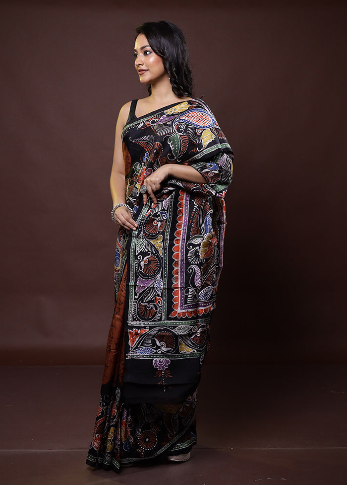 Brown Printed Pure Silk Saree Without Blouse Piece