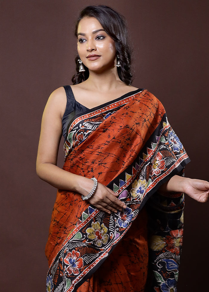 Rust Printed Pure Silk Saree Without Blouse Piece