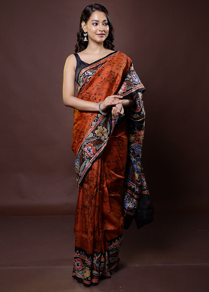 Rust Printed Pure Silk Saree Without Blouse Piece