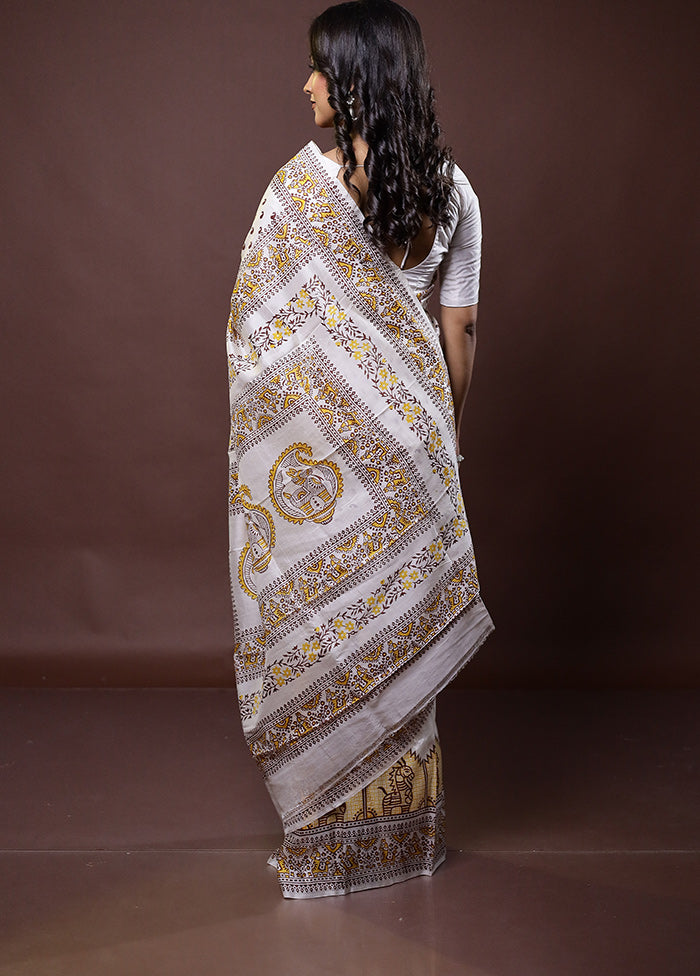 White Pure Bishnupuri Silk Saree Without Blouse Piece