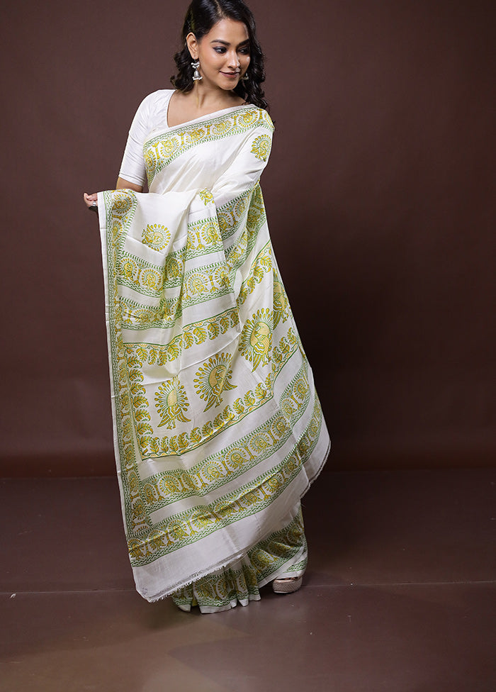 White Pure Bishnupuri Silk Saree Without Blouse Piece