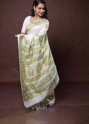 White Pure Bishnupuri Silk Saree Without Blouse Piece