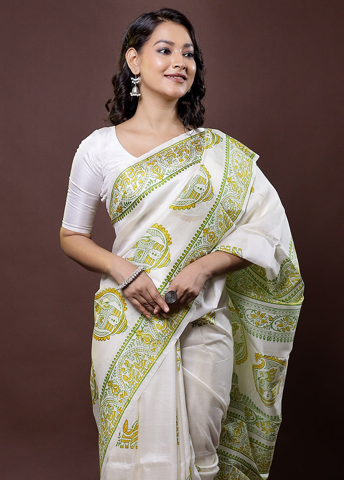 White Pure Bishnupuri Silk Saree Without Blouse Piece