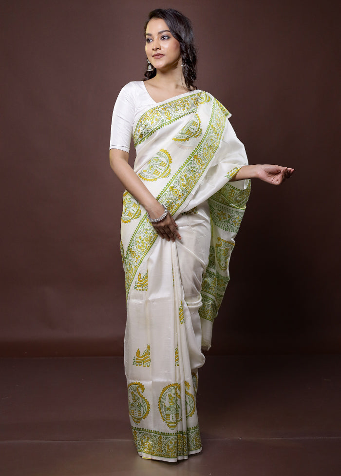 White Pure Bishnupuri Silk Saree Without Blouse Piece