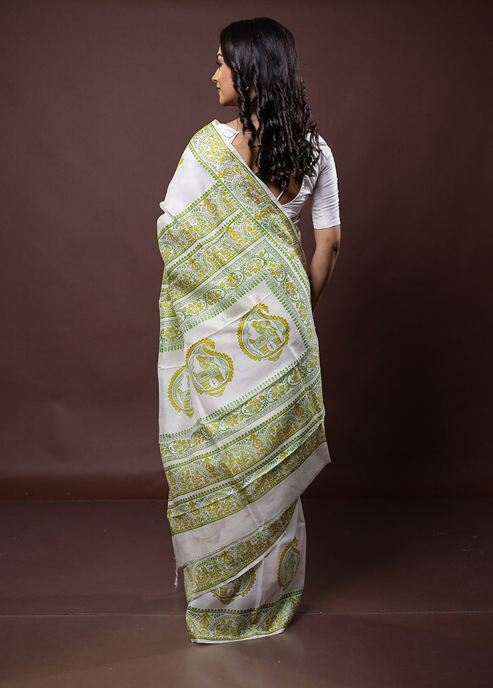 White Pure Bishnupuri Silk Saree Without Blouse Piece