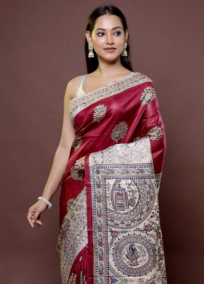 Maroon Printed Pure Silk Saree Without Blouse Piece