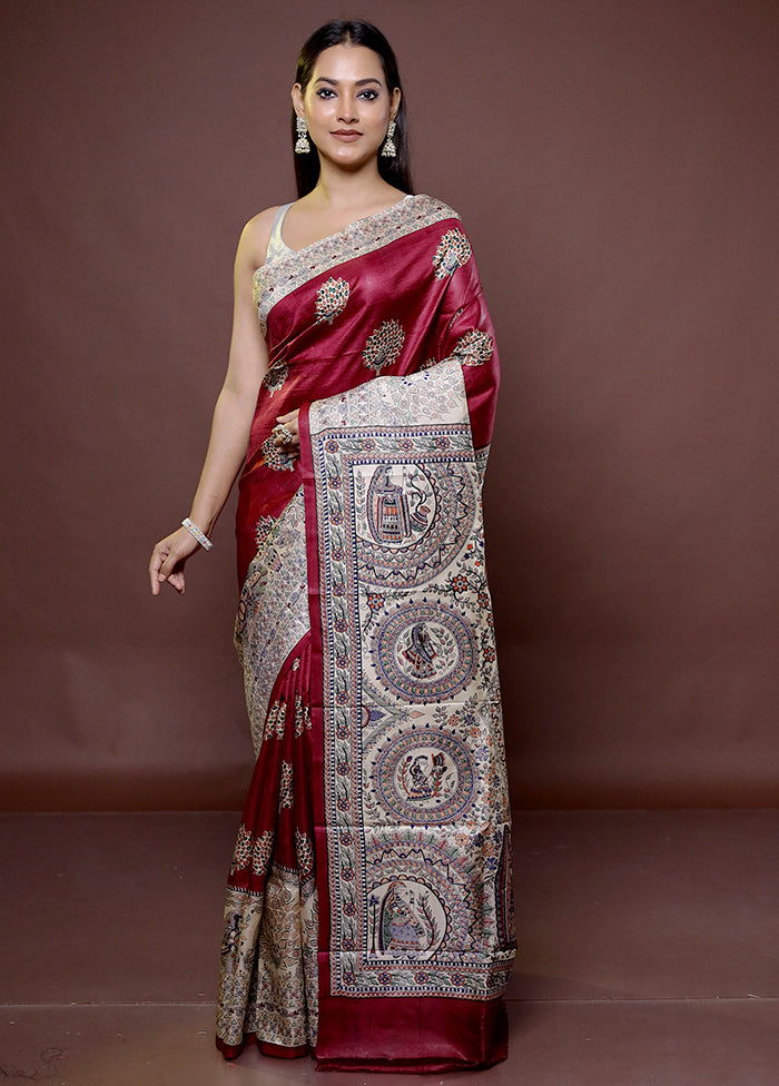 Maroon Printed Pure Silk Saree Without Blouse Piece