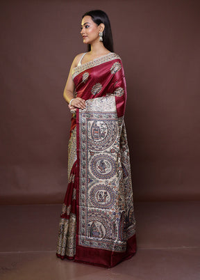 Maroon Printed Pure Silk Saree Without Blouse Piece