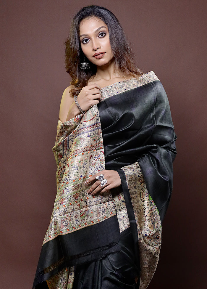 Black Printed Pure Silk Saree Without Blouse Piece