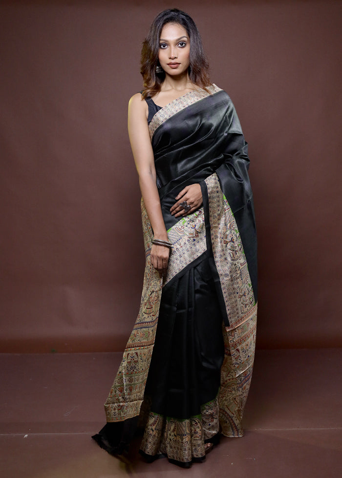 Black Printed Pure Silk Saree Without Blouse Piece