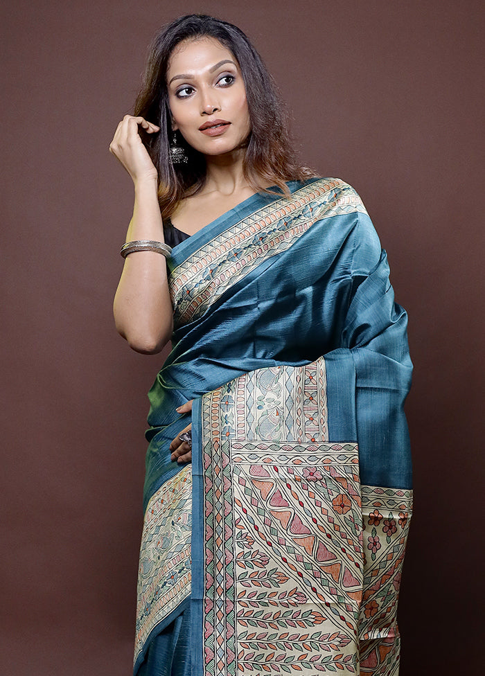 Blue Printed Pure Silk Saree Without Blouse Piece