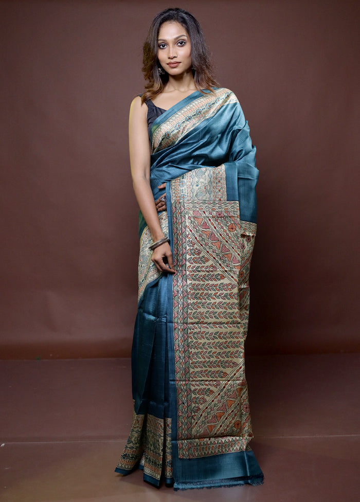 Blue Printed Pure Silk Saree Without Blouse Piece