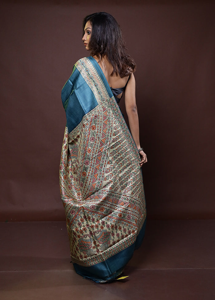 Blue Printed Pure Silk Saree Without Blouse Piece