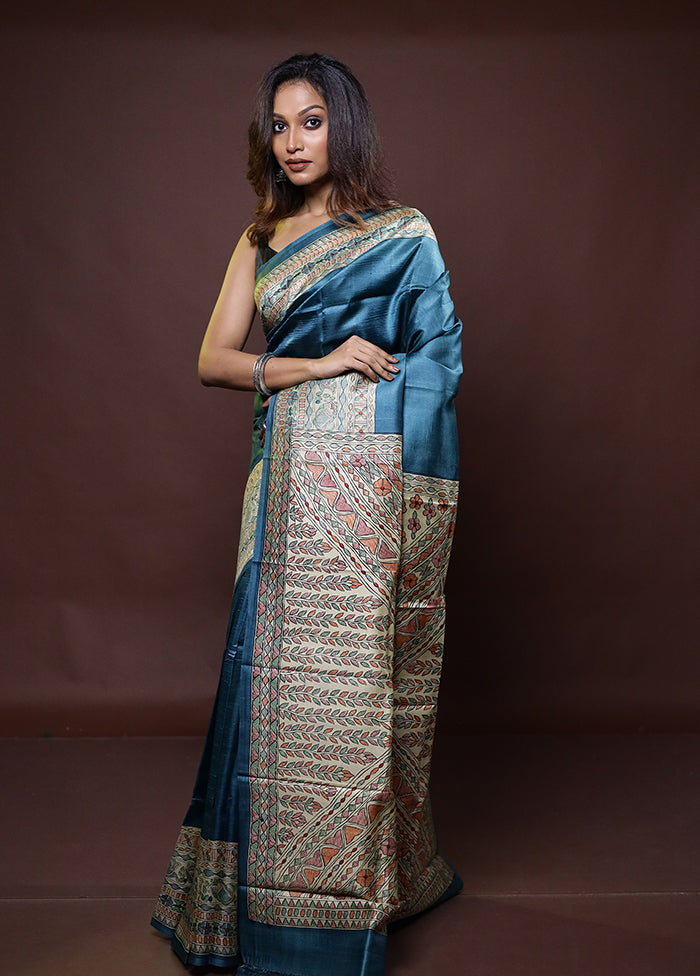 Blue Printed Pure Silk Saree Without Blouse Piece