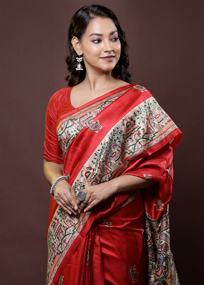 Red Printed Pure Silk Saree Without Blouse Piece