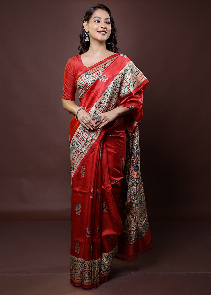 Red Printed Pure Silk Saree Without Blouse Piece