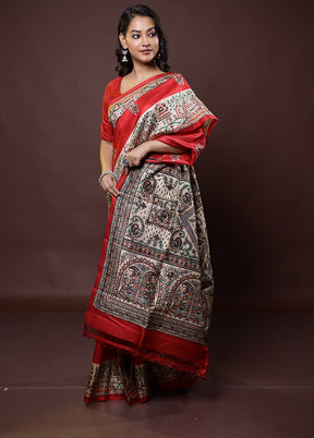 Red Printed Pure Silk Saree Without Blouse Piece