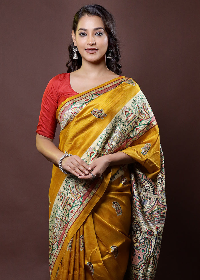 Yellow Printed Pure Silk Saree Without Blouse Piece