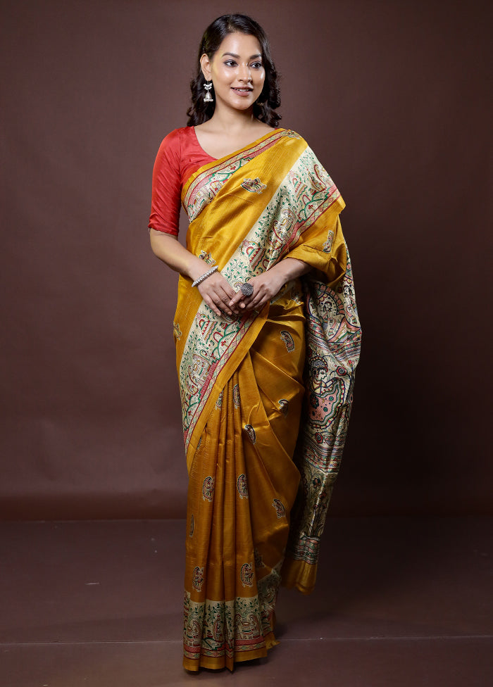 Yellow Printed Pure Silk Saree Without Blouse Piece