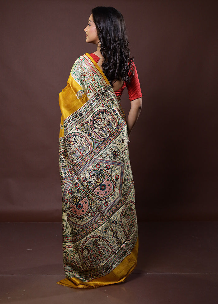 Yellow Printed Pure Silk Saree Without Blouse Piece